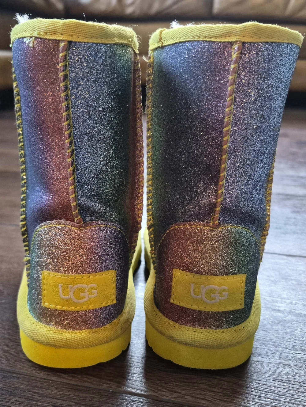 UGG Rainbow Glitter Yellow Sole Classic Short Shearling Fur Lined Kids Sz 9